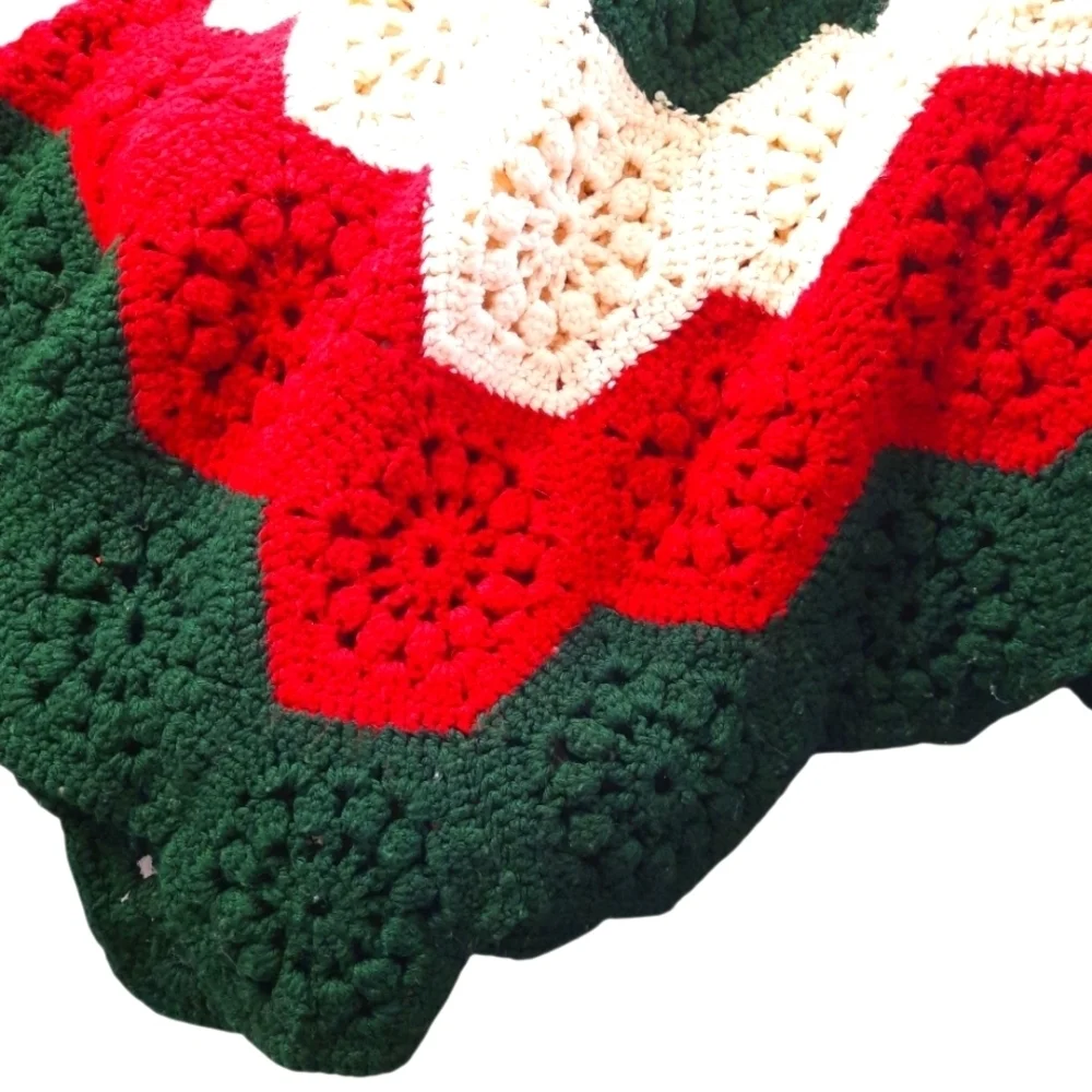 Handmade Crocheted Red, Green, Off White Afghan Or Throw Christmas Colors 36X48